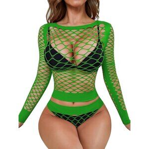 Rslove Women Sexy Mesh Lingerie Fishnet  Babydoll Free Size Bodysuit- Green